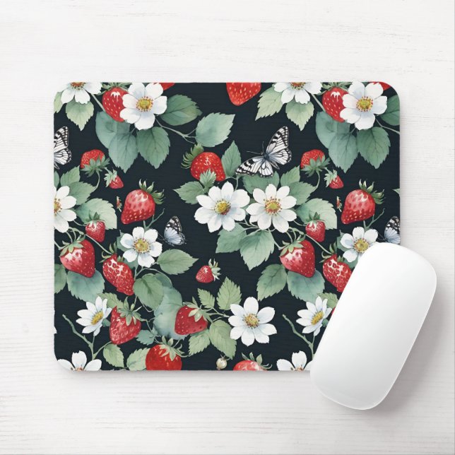 Strawberry Patch with Flowers & Butterflies Black Mouse Mat (With Mouse)