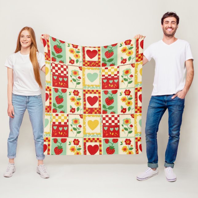 Strawberry Patchwork Picnic Fleece Blanket (In Situ)