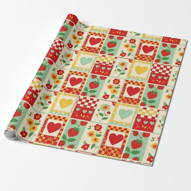 Strawberry Patchwork Picnic Wrapping Paper (Unrolled)