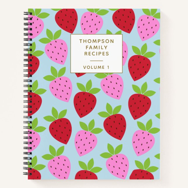 Strawberry Pattern Blue Pink Personalised Recipes Notebook (Front)