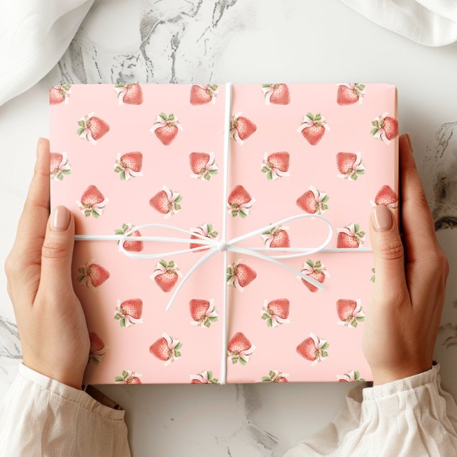 Strawberry Pattern Coquette Pink Bow Wrapping Paper (Creator Uploaded)
