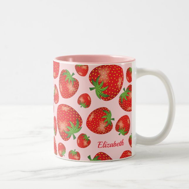 Strawberry Pattern Illustration & Custom Name Two-Tone Coffee Mug (Right)