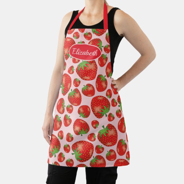 Strawberry Pattern Illustration With Custom Name Apron (Insitu)