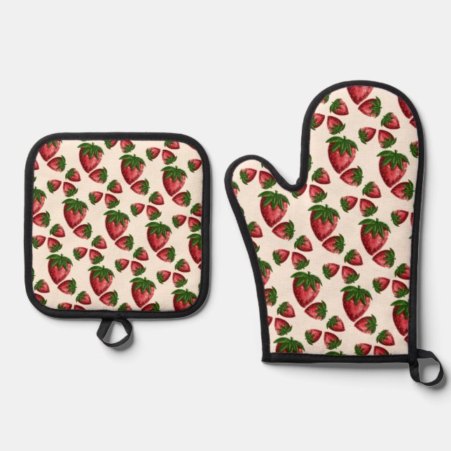 Strawberry Pattern Kitchen Pot Holder Oven Mitt & Pot Holder Set (Front)