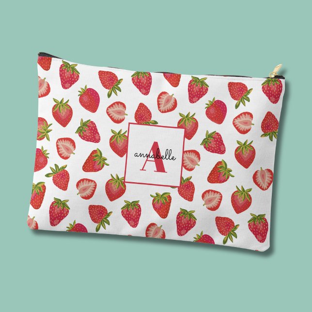 Strawberry pattern monogram first name accessory pouch (Strawberry pattern personalzed name cosmetic pouch)