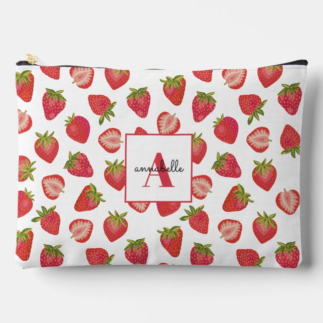 Strawberry pattern monogram first name accessory pouch (Front)