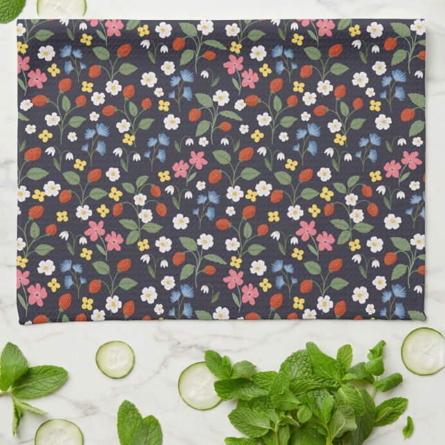 Strawberry pattern navy  tea towel (Folded)