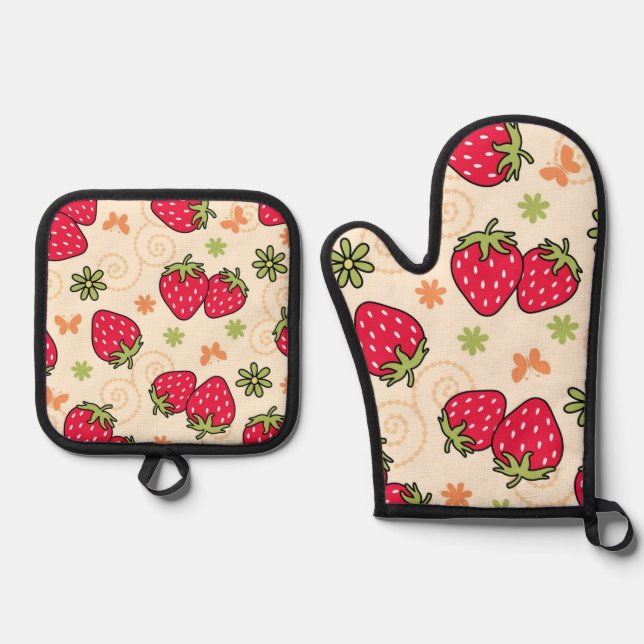 Strawberry pattern oven mitt & pot holder set (Front)