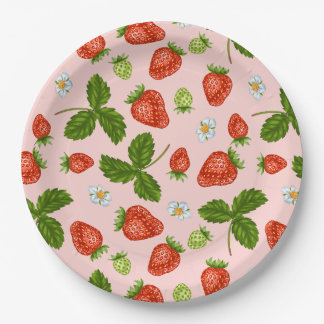 Strawberry Pattern Pink Background Paper Plate