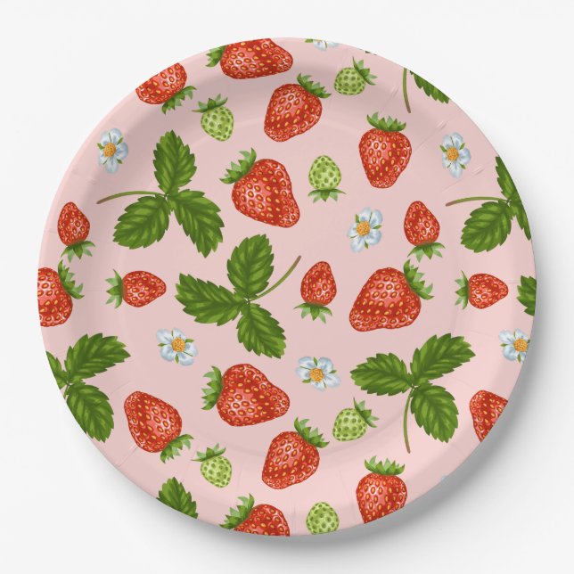 Strawberry Pattern Pink Background Paper Plate (Front)