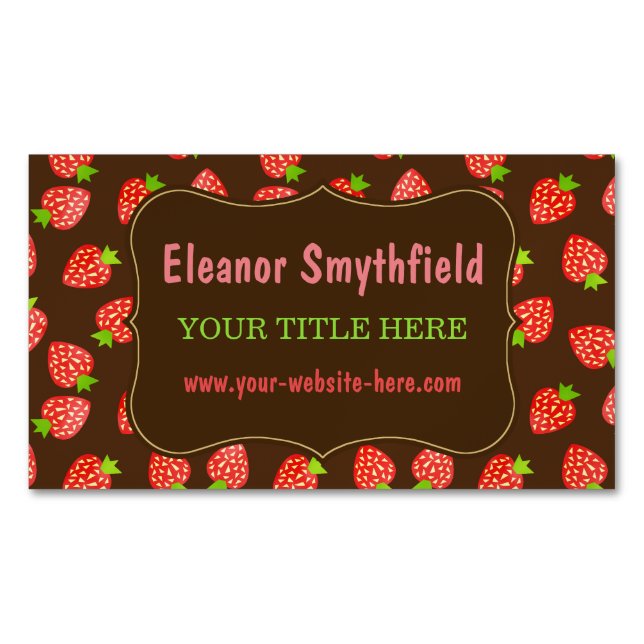 Strawberry Pattern Pretty Fruit Market or Bakery Magnetic Business Card (Front)