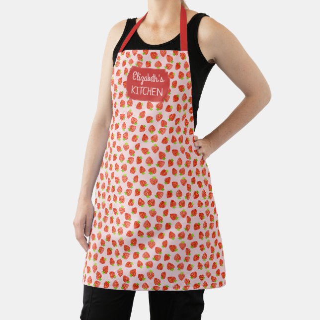 Strawberry Pattern Pretty Pink Red Fruit Custom Apron (Insitu)