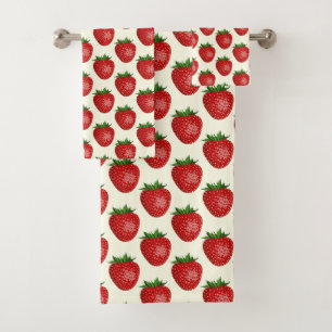Strawberry Pattern, Red Strawberries, Fruit, Leaf Bath Towel Set