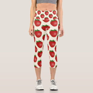 Strawberry Pattern, Red Strawberries, Fruit, Leaf Capri Leggings