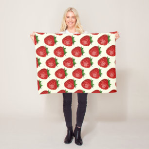 Strawberry Pattern, Red Strawberries, Fruit, Leaf Fleece Blanket