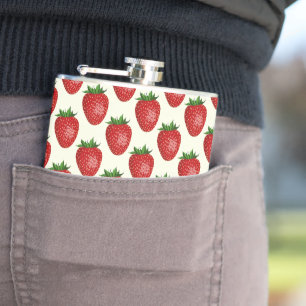 Strawberry Pattern, Red Strawberries, Fruit, Leaf Hip Flask