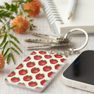 Strawberry Pattern, Red Strawberries, Fruit, Leaf Key Ring