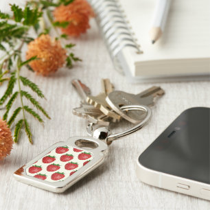 Strawberry Pattern, Red Strawberries, Fruit, Leaf Key Ring