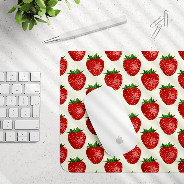 Strawberry Pattern, Red Strawberries, Fruit, Leaf Mouse Mat (Creator Uploaded)