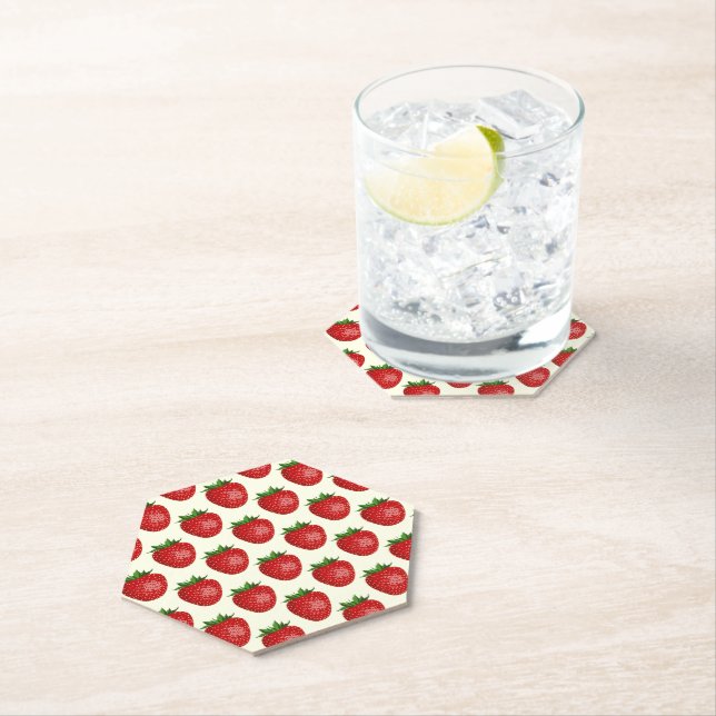 Strawberry Pattern, Red Strawberries, Fruit, Leaf Paper Coaster (Insitu)