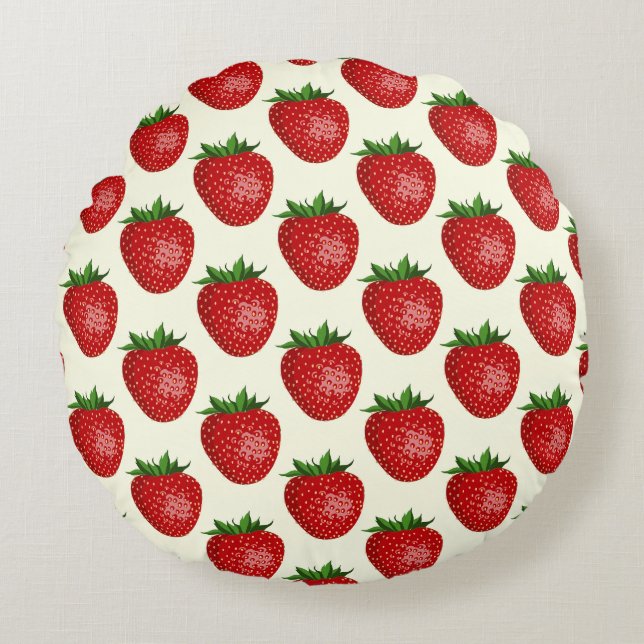 Strawberry Pattern, Red Strawberries, Fruit, Leaf Round Cushion (Front)