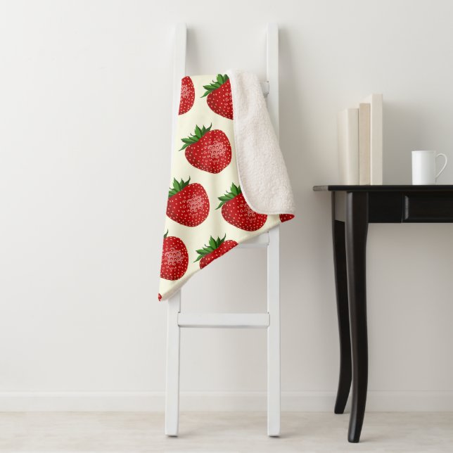 Strawberry Pattern, Red Strawberries, Fruit, Leaf Sherpa Blanket (In Situ)