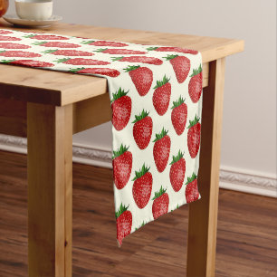 Strawberry Pattern, Red Strawberries, Fruit, Leaf Short Table Runner