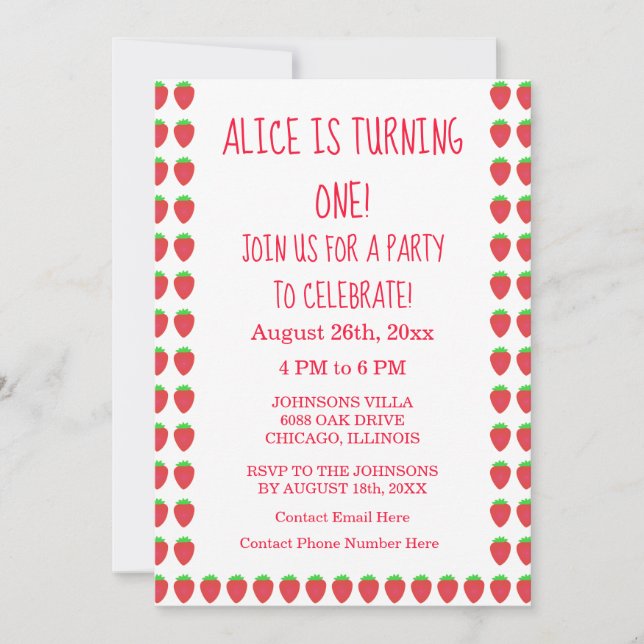 Strawberry Patterns 1st Birthday Party Custom Age  Invitation (Front)