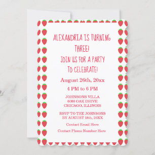 Strawberry Patterns 3rd Birthday Party Custom Age  Invitation