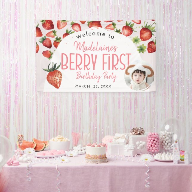 Strawberry Photo Welcome Berry First Birthday   Banner (Party)