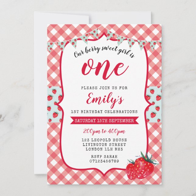 Strawberry Picnic 1st Birthday Invitation (Front)
