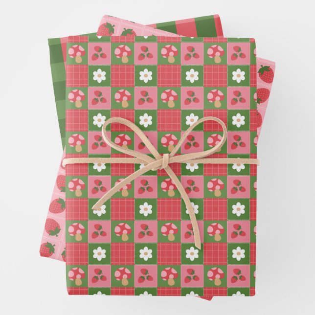 Strawberry Picnic Gift Wrapping Paper Pink Gingham (In situ)