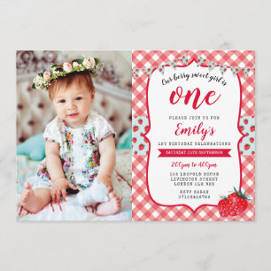 Strawberry Picnic Photo 1st Birthday Invitation