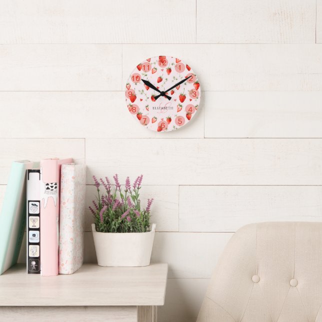 Strawberry Pie Botanical Pink Hearts Monogram Round Clock (Reading Room)