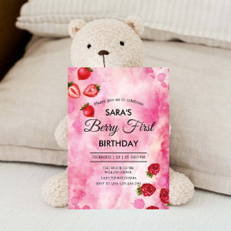 Strawberry Pink 1st Birthday BabyGirl Invitation