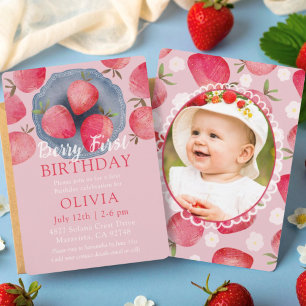 Strawberry Pink 1st Birthday Watercolor  Invitation