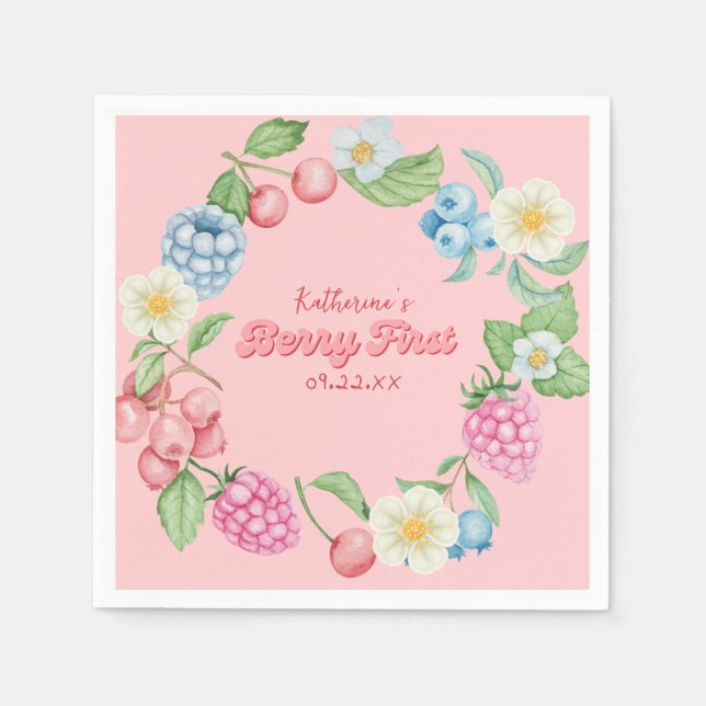 Strawberry Pink Berry First 1st Birthday  Napkin (Front)