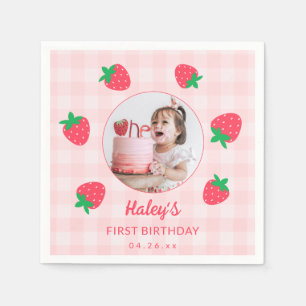 Strawberry Pink Berry First Baby Birthday Photo Napkin