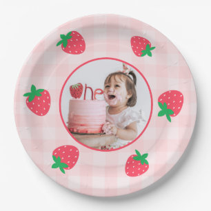 Strawberry Pink Berry First Baby Birthday Photo Paper Plate