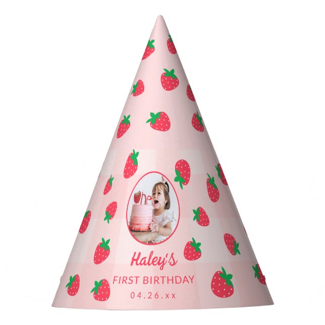 Strawberry Pink Berry First Baby Birthday Photo Party Hat (Front)