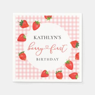 Strawberry Pink Berry First Plaid Gingham Birthday Napkin