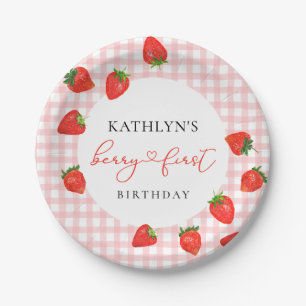 Strawberry Pink Berry First Plaid Gingham Birthday Paper Plate