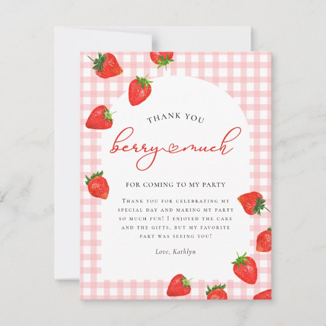 Strawberry Pink Berry Plaid Birthday Thank You Card (Front)