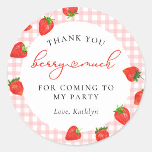 Strawberry Pink Berry Plaid Gingham Birthday Classic Round Sticker