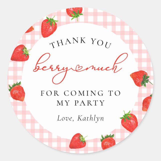 Strawberry Pink Berry Plaid Gingham Birthday Classic Round Sticker (Front)