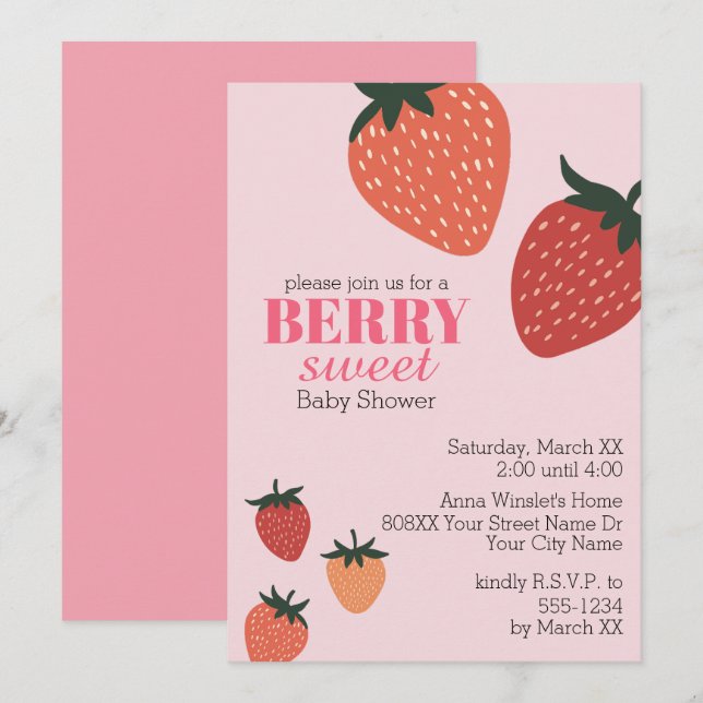 Strawberry Pink Berry Sweet Baby Shower Invitation (Front/Back)