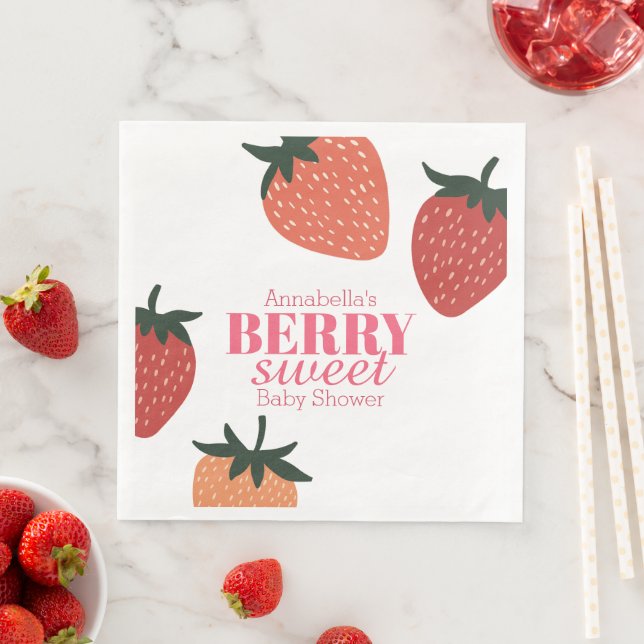 Strawberry Pink Berry Sweet Baby Shower Napkin (Insitu)