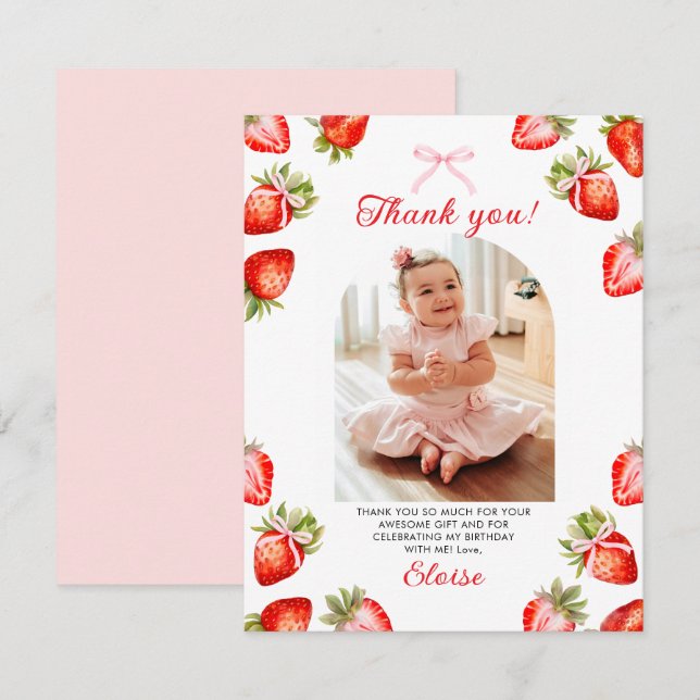 Strawberry Pink Bow 1st Birthday Thank You Card (Front/Back)