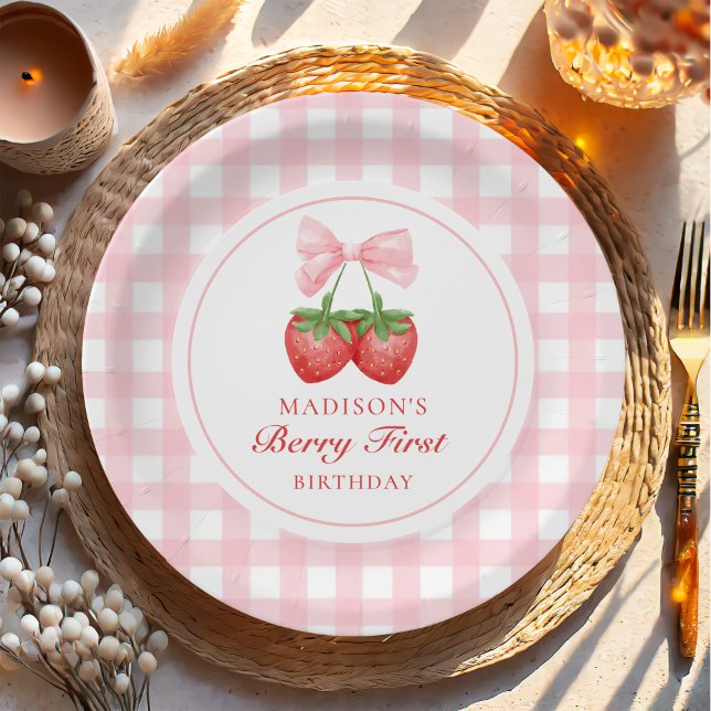 Strawberry Pink Bow Girl 1st Birthday Paper Plate (Creator Uploaded)