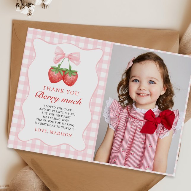 Strawberry Pink Bow Girl 1st Birthday Photo Thank You Card (Creator Uploaded)